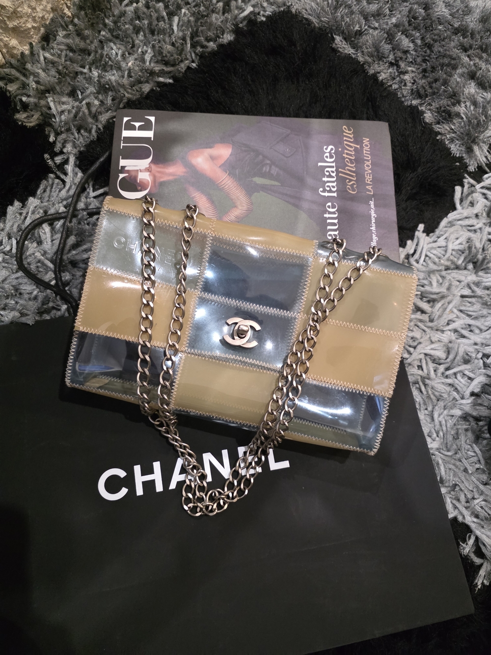 Authentic Chanel Two-Tone Patchwork Jelly Chain Shoulder Bag in Olive & Black